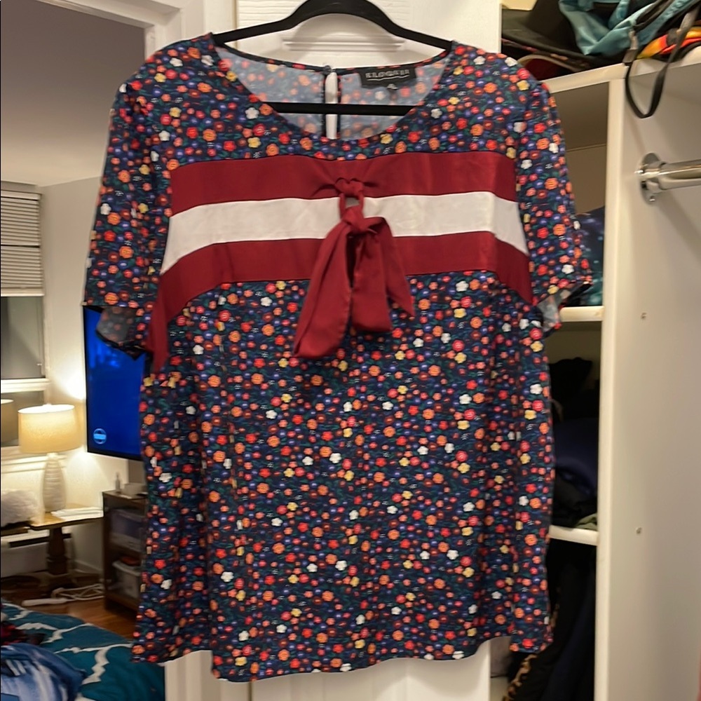 Eloquii Floral Blouse with Short Sleeves and Sailor Collar